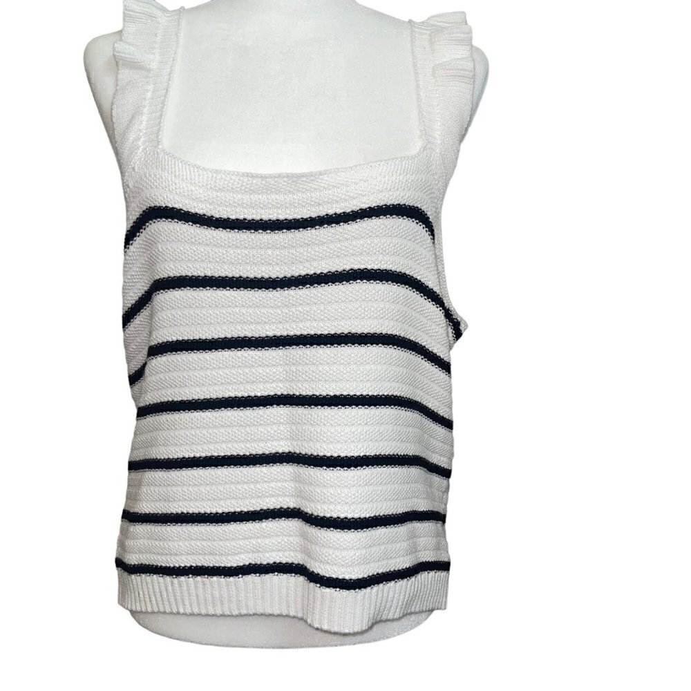 Versona Stripe Black and White Tank Top Frilly Shoulder Detail 100% Cotton Large